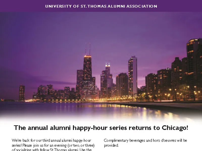 Flyer showing an image of the Chicago skyline and text regarding an alumni event.
