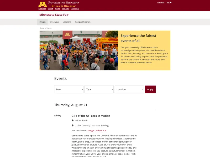 Screenshot of the events page.