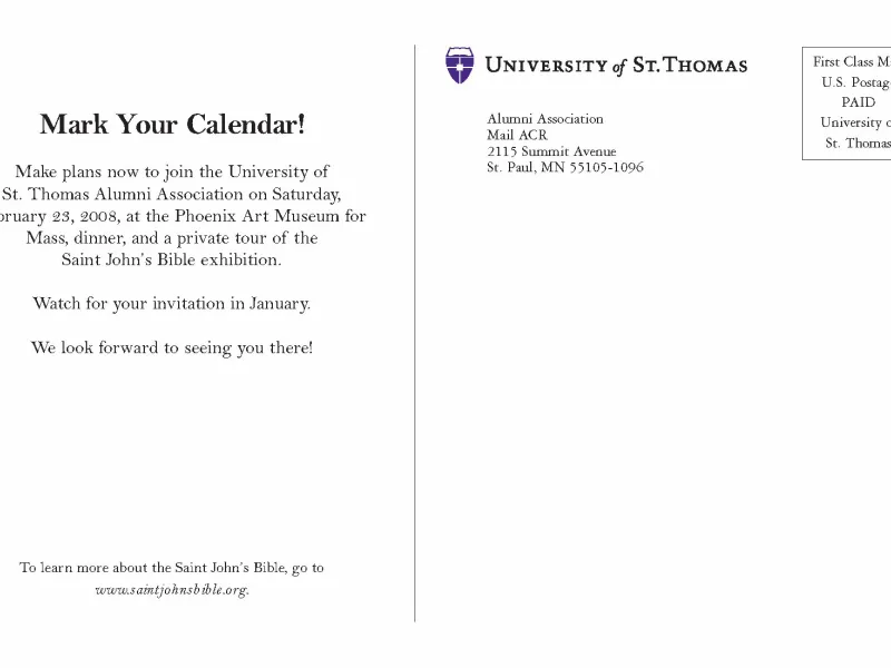 Back of St John's Bible postcard with mailing address