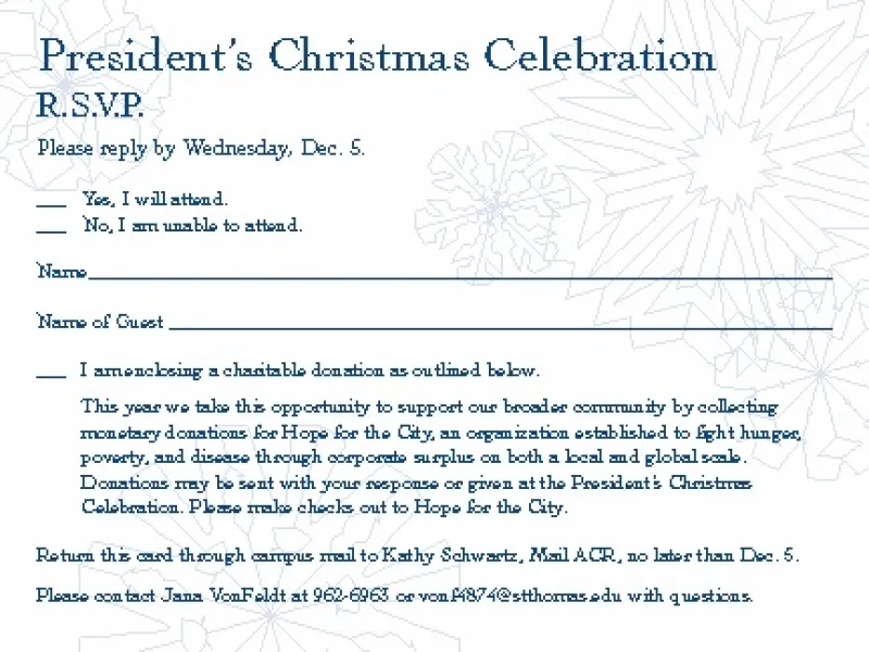 The RSVP card for the President's Christmas Celebration.