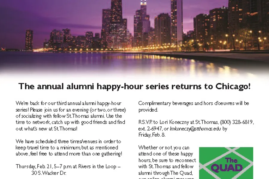 Flyer showing an image of the Chicago skyline and text regarding an alumni event.