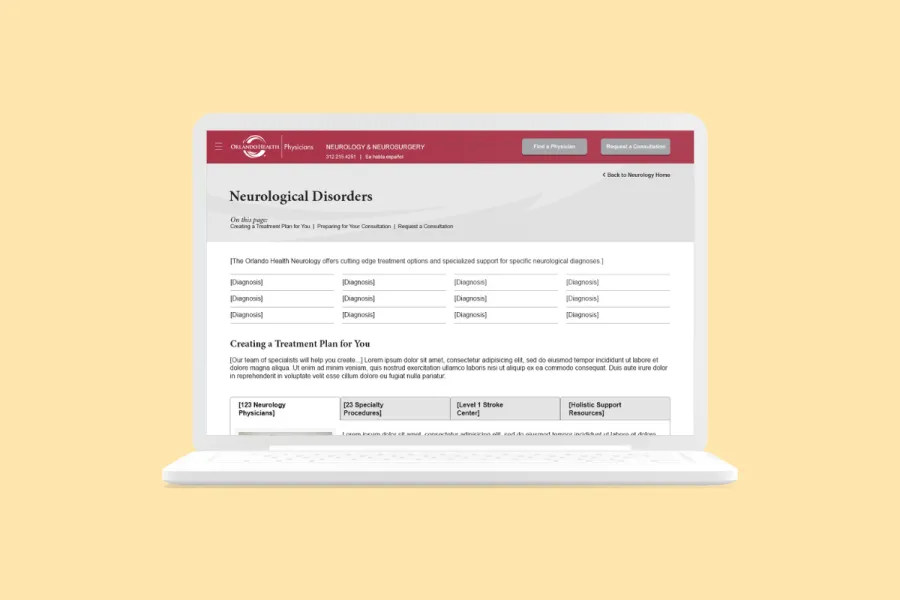 Rendering of the Orlando Health page design on a laptop.