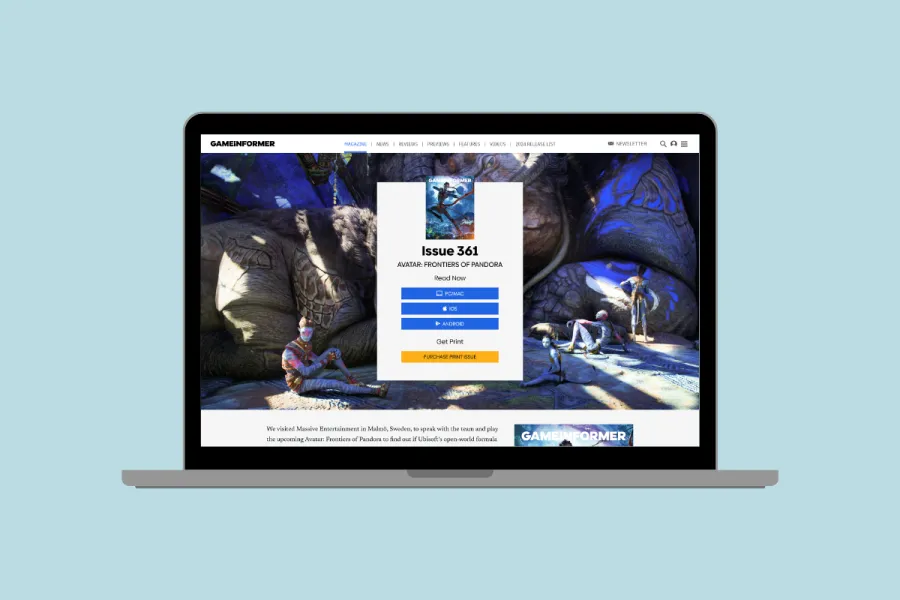 Rendering of the magazine landing page on a laptop.