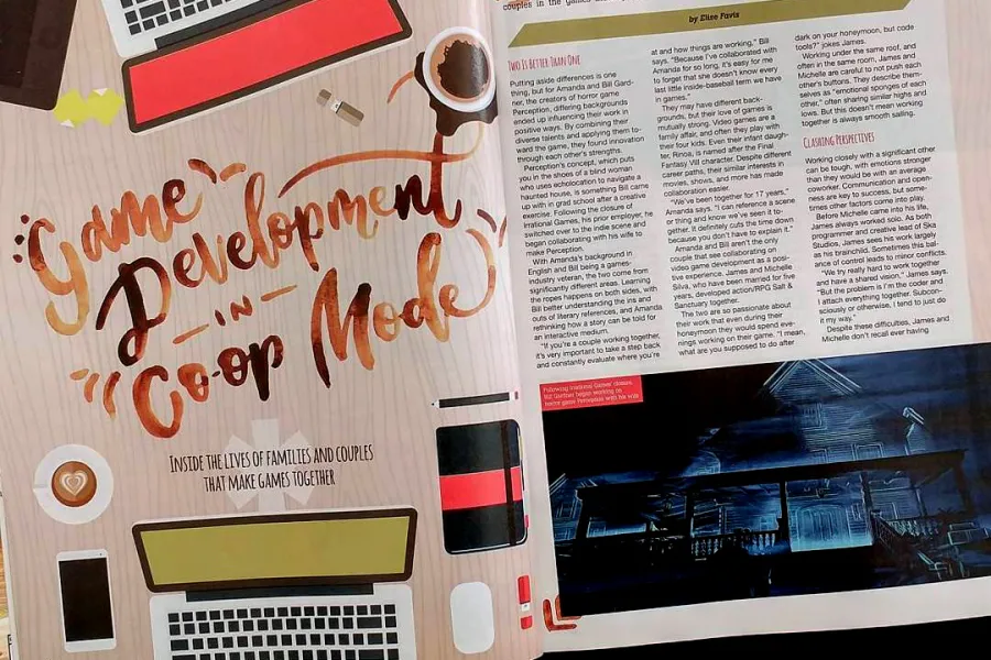 An open magazine showing the article "Game Development in Coop Mode"