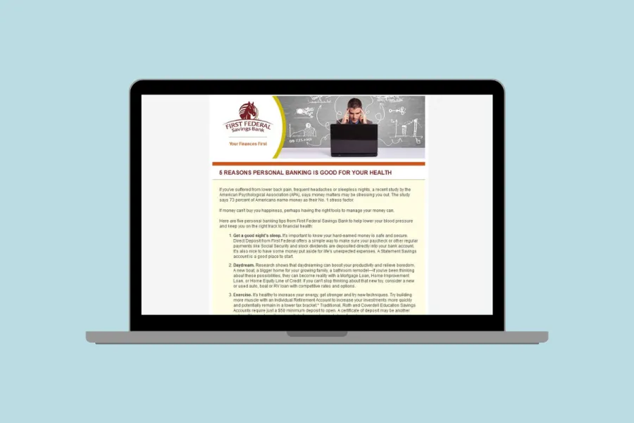 Rendering of an email for First Federal Savings Bank on a laptop screen.